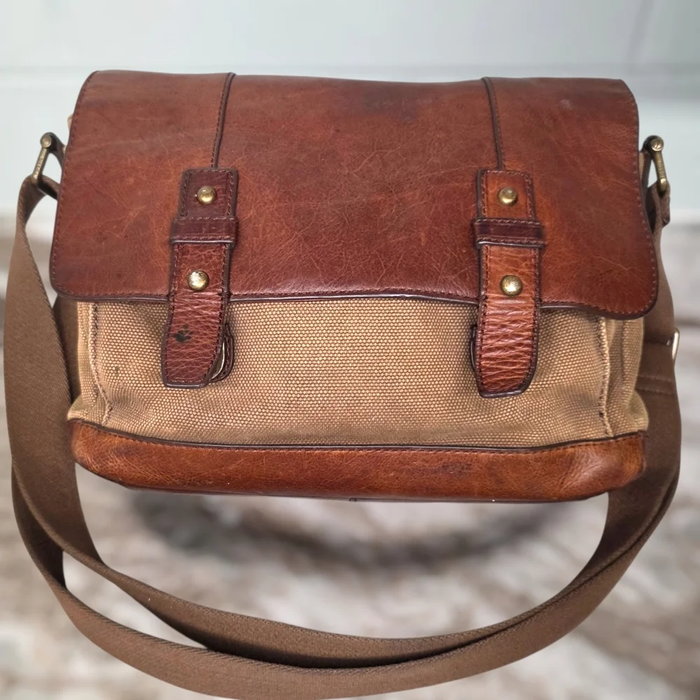 Fossil Brown Leather and Tan Canvas Messenger Bag